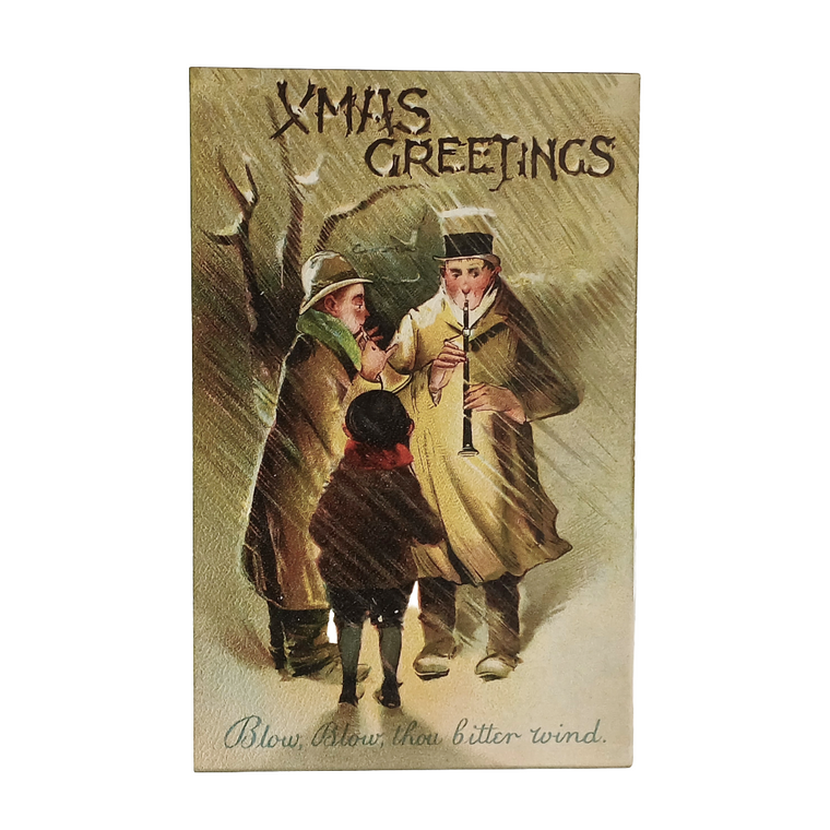 Christmas Postcard Musicians in Snow Storm Blow Bitter Wind