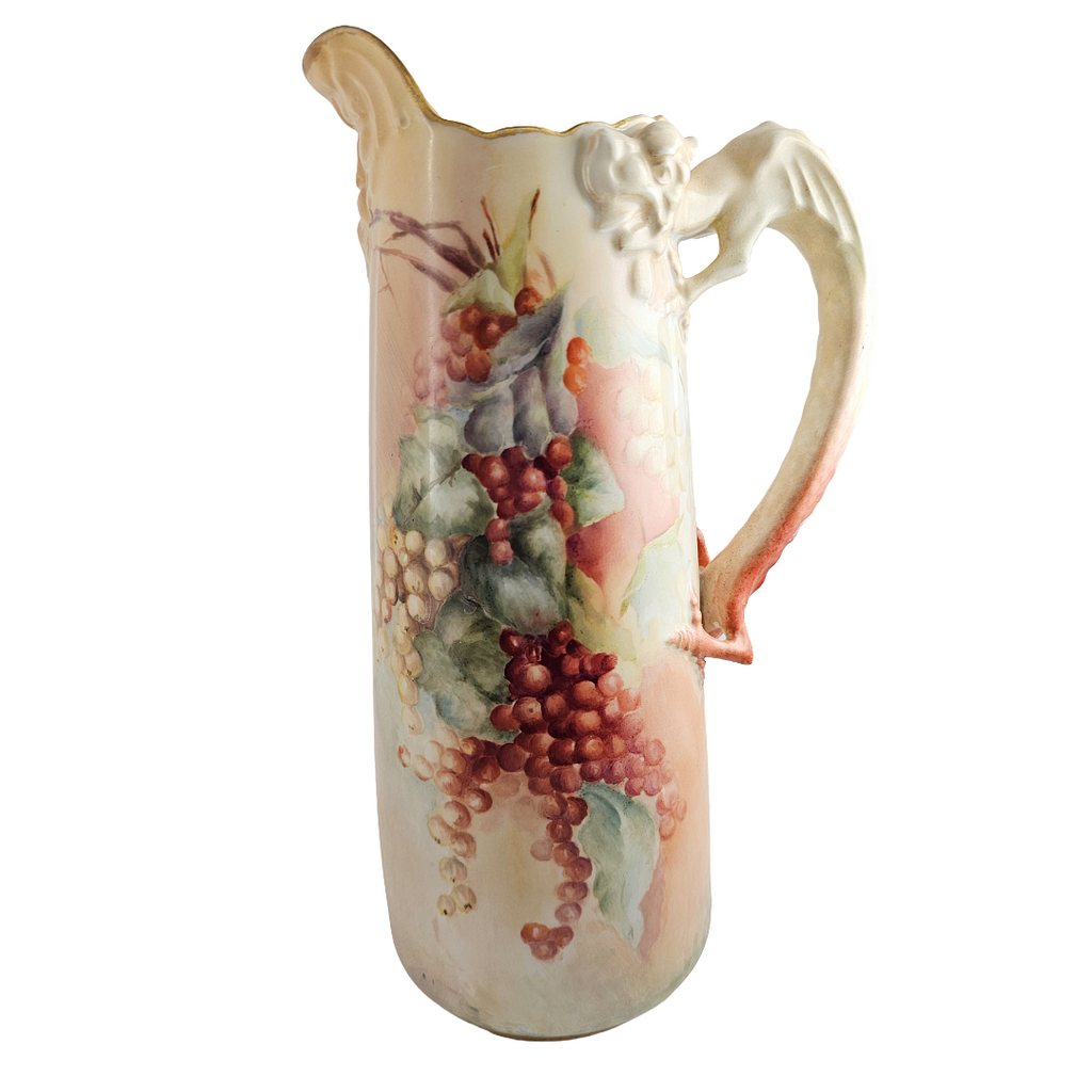 Limoges Porcelain Dragon Handle Man of North Jean Pouyat Red Currants Tankard Pitcher