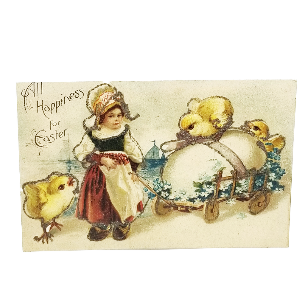 Easter Postcard Artist Ellen Clapsaddle Dutch Girl Egg Cart Baby Chicks Glitter