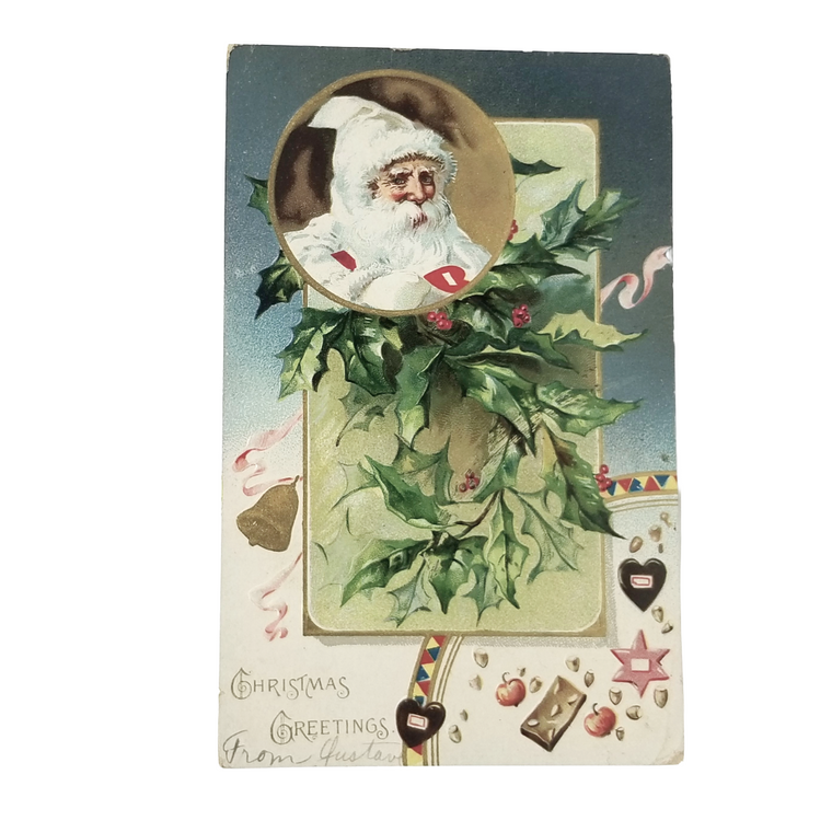 Christmas Postcard Santa Claus White Robe Candy Holly Tuck Pub.