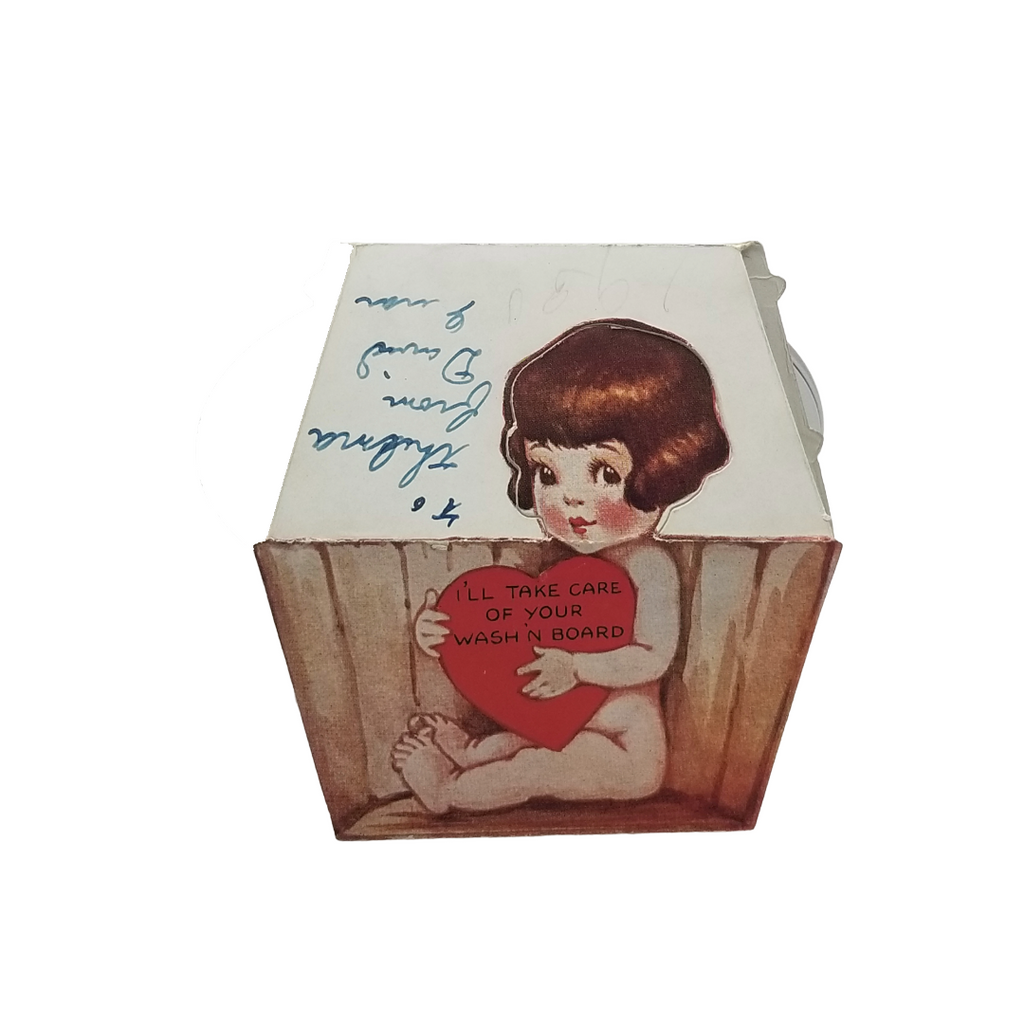 Vintage Valentine Die Cut Girl in Washtub with Puppy Dog