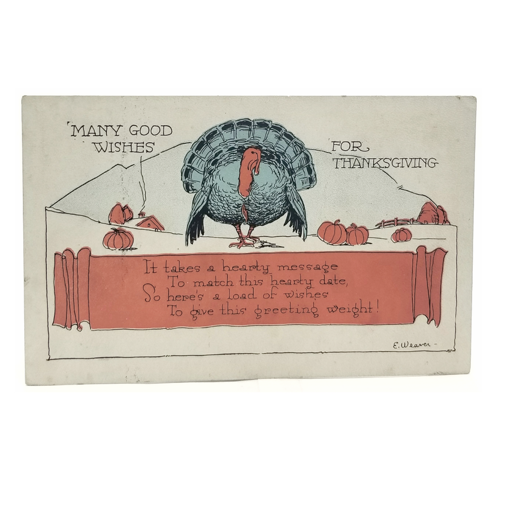 Thanksgiving Postcard 1920s Deco Era Artist Weaver Turkey in Pumpkin Field