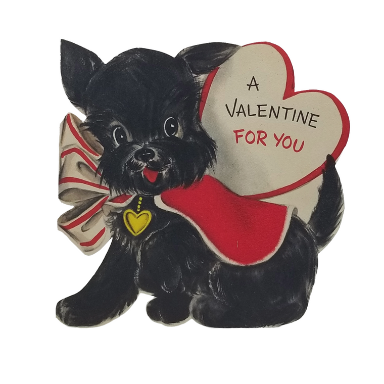 Vintage Die Cut Valentine Hallmark Card Scottie Puppy Dog w/ Heart