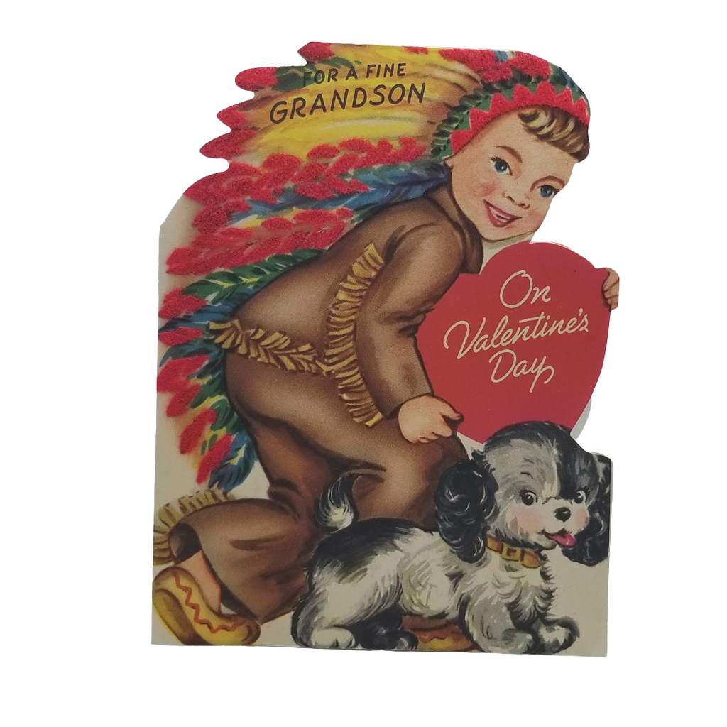 Gibson Vintage Die Cut Valentine's Card Native American Dressed Boy with Dog