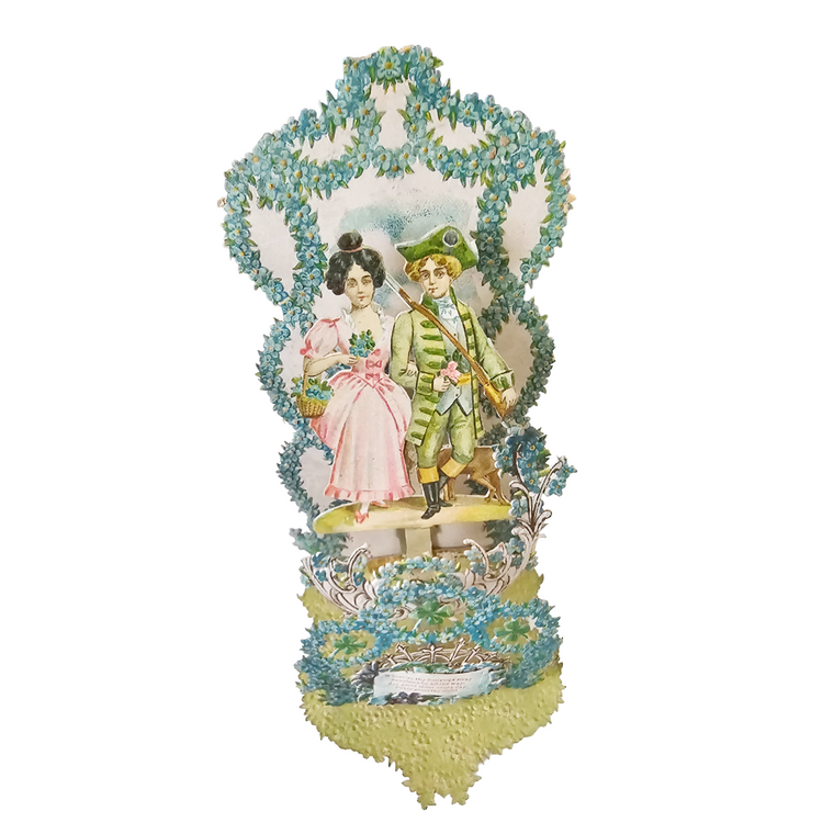 Antique German Die Cut 3D Valentine's Card Colonial Couple with Blue Flowers