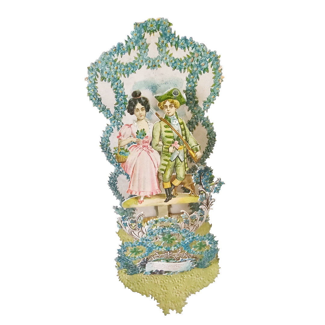 Antique German Die Cut 3D Valentine's Card Colonial Couple with Blue Flowers