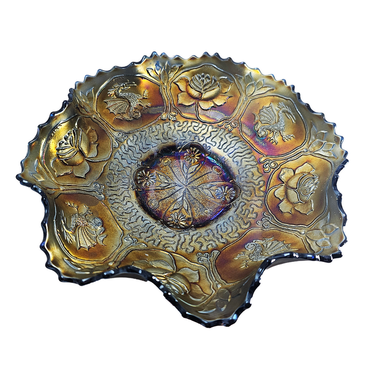 Fenton Dragon & Lotus Pattern Ruffled Cobalt Carnival Glass Bowl