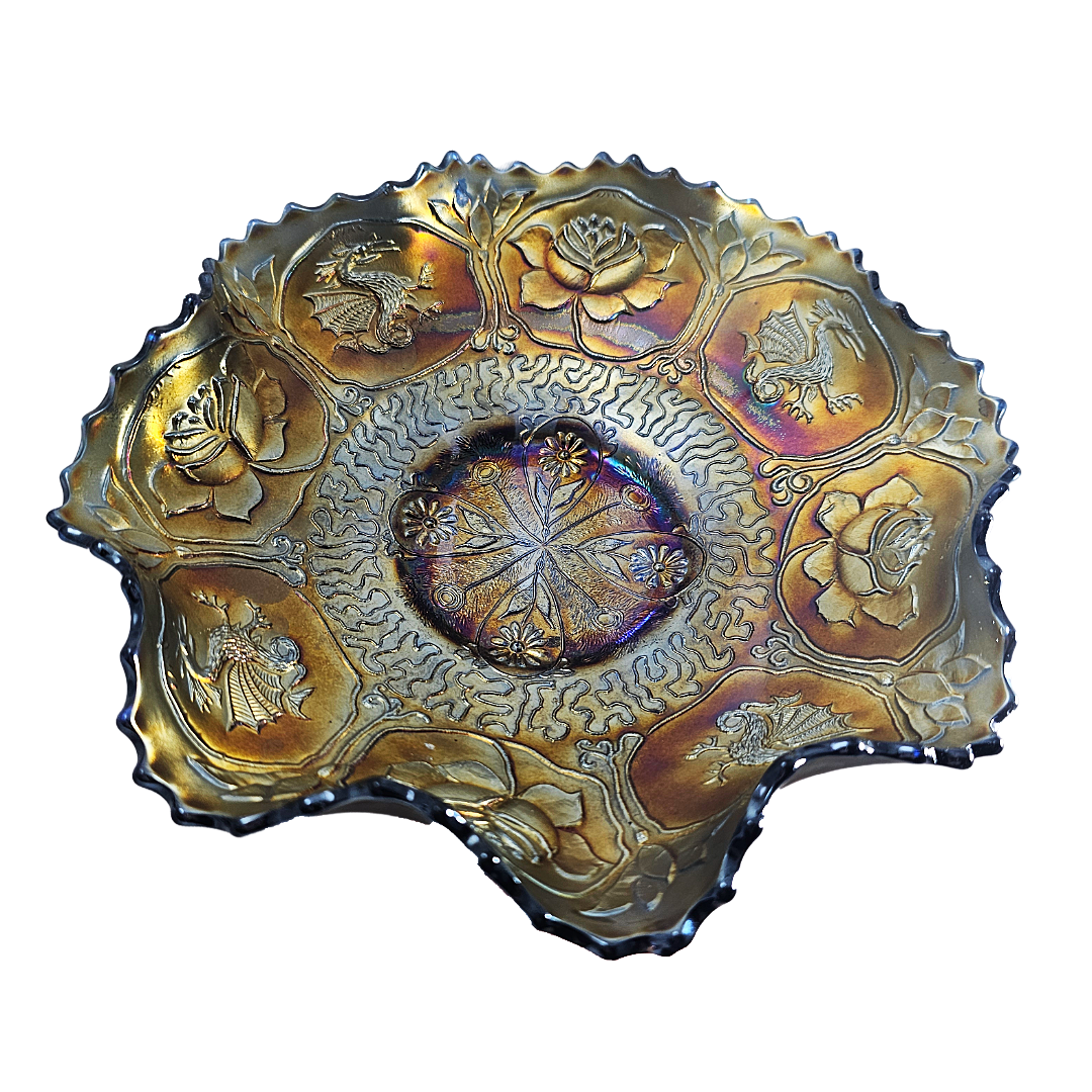 Fenton Dragon & Lotus Pattern Ruffled Cobalt Carnival Glass Bowl