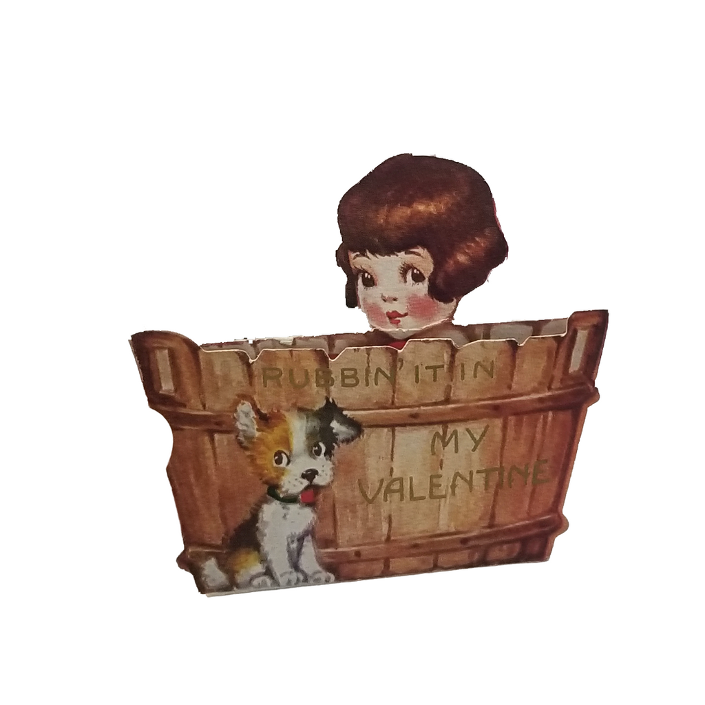 Vintage Valentine Die Cut Girl in Washtub with Puppy Dog