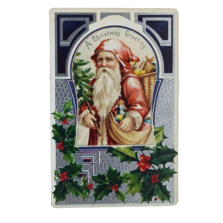 Christmas Postcard Santa Claus Pink Robe Silver Embossed Background 679