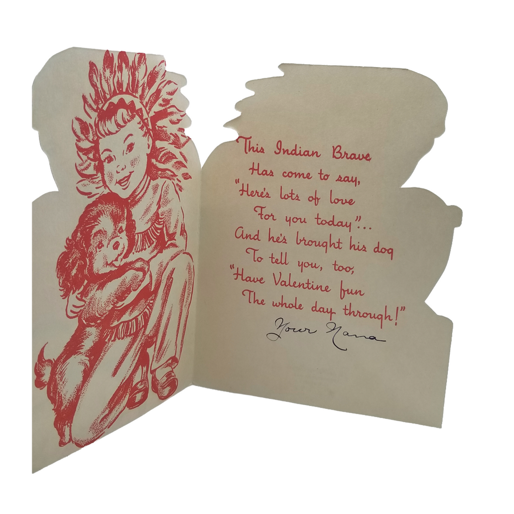 Gibson Vintage Die Cut Valentine's Card Native American Dressed Boy with Dog