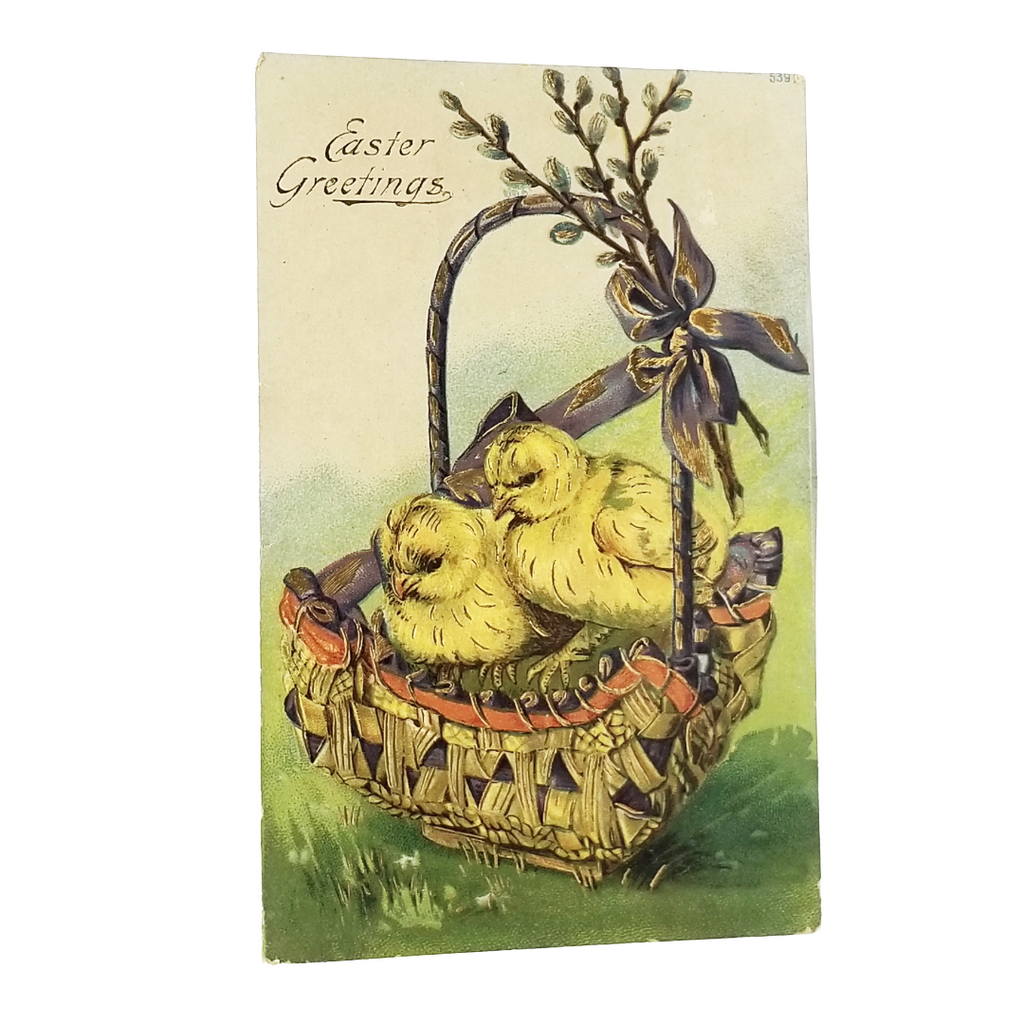 Easter Postcard German Card Baby Chicks in Basket Gold Highlights