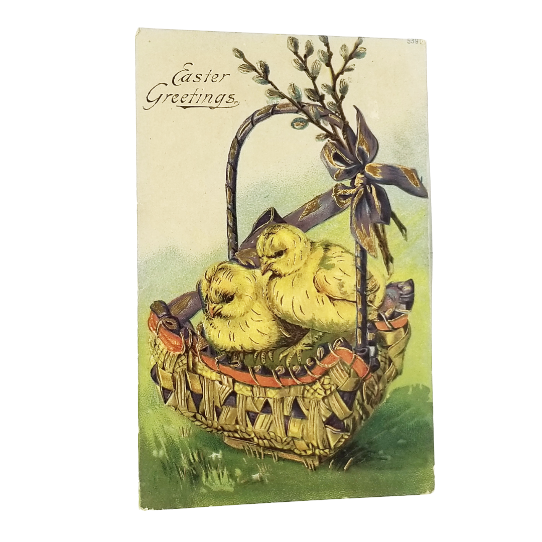 Easter Postcard German Card Baby Chicks in Basket Gold Highlights