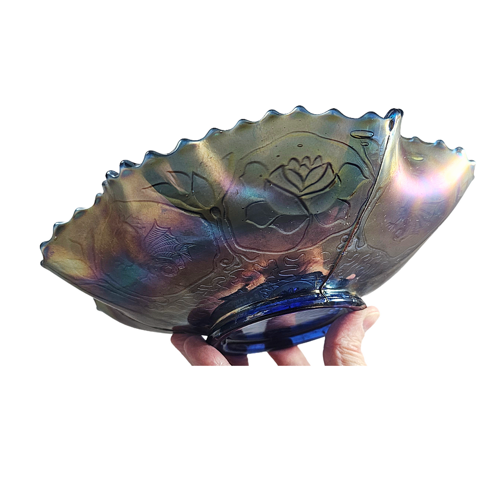 Fenton Dragon & Lotus Pattern Ruffled Cobalt Carnival Glass Bowl