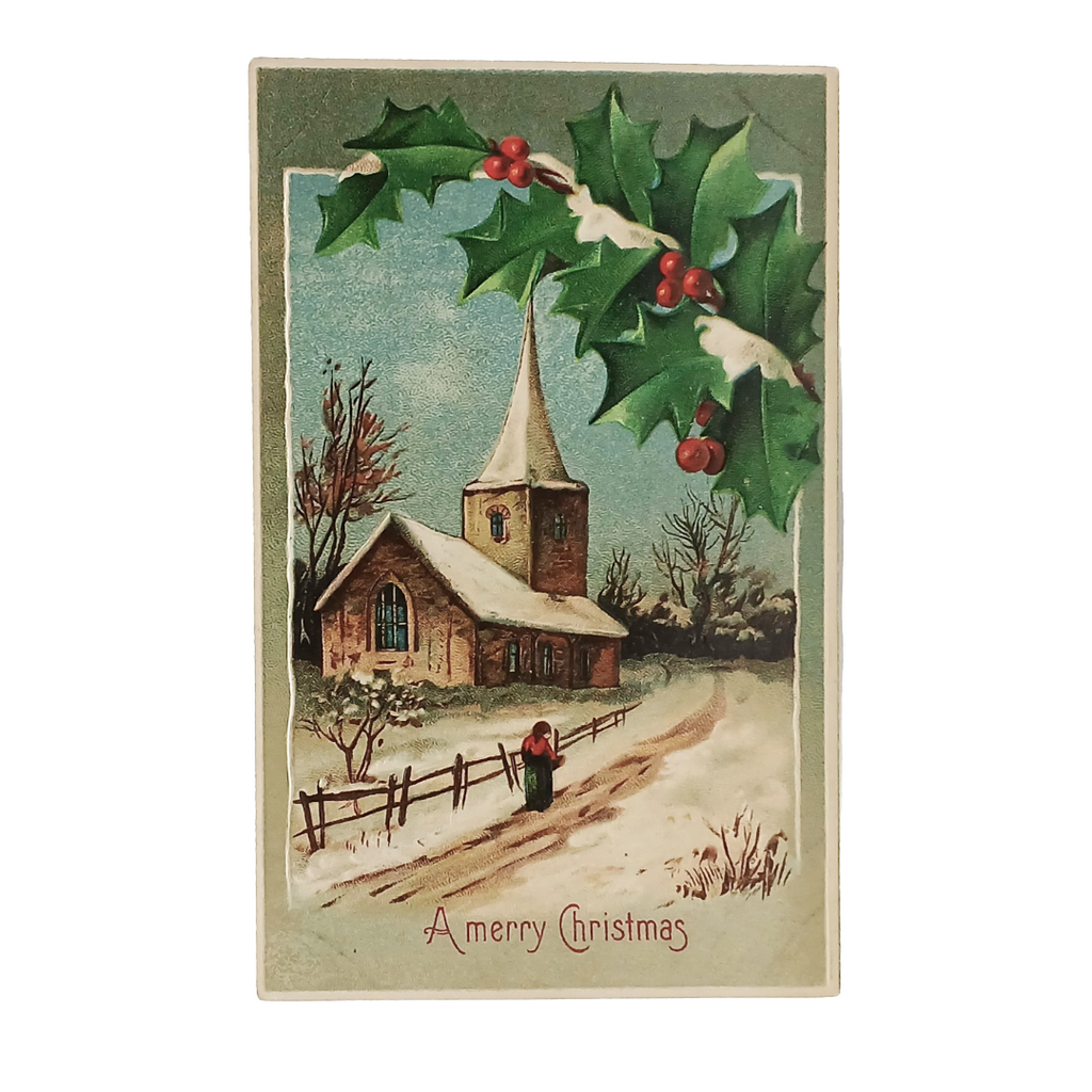 Christmas Postcard Series 599 Snowy Landscape Church & People on Lane