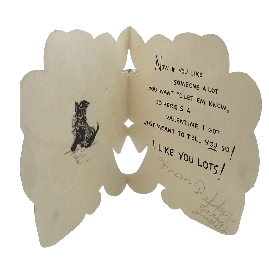 Vintage Die Cut Valentine Hallmark Card Scottie Puppy Dog w/ Heart