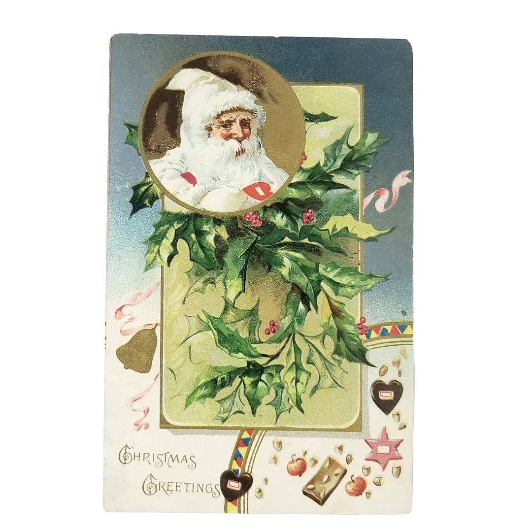 Christmas Postcard Santa Claus White Robe Candy Holly Tuck Pub.