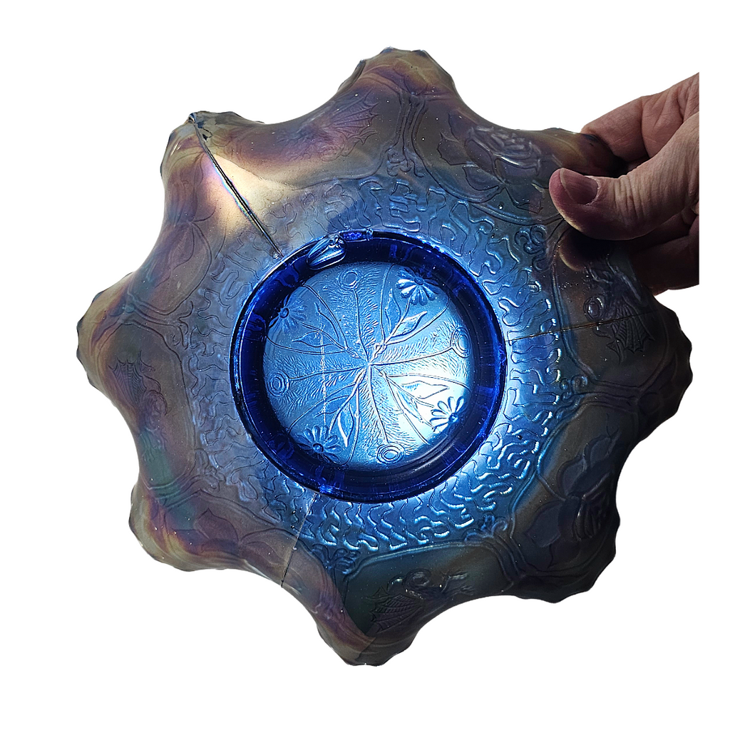 Fenton Dragon & Lotus Pattern Ruffled Cobalt Carnival Glass Bowl