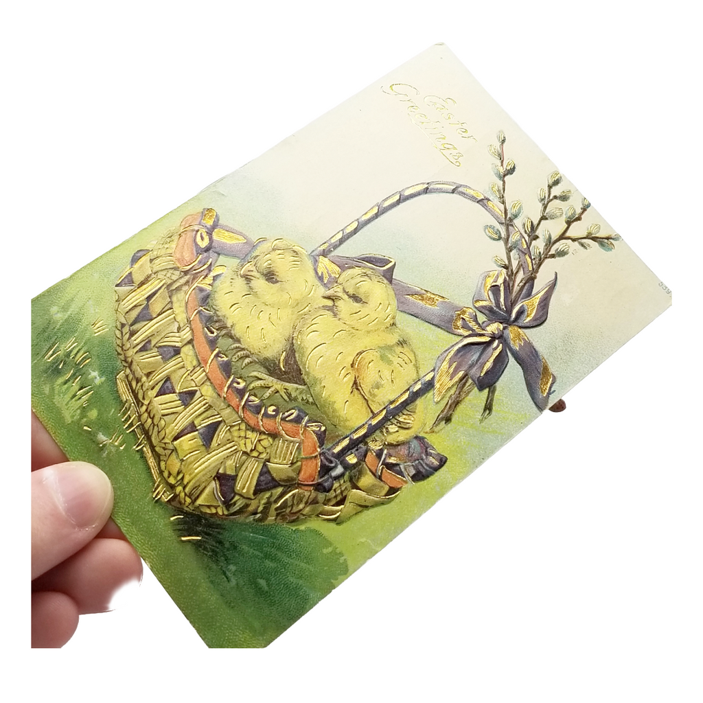 Easter Postcard German Card Baby Chicks in Basket Gold Highlights