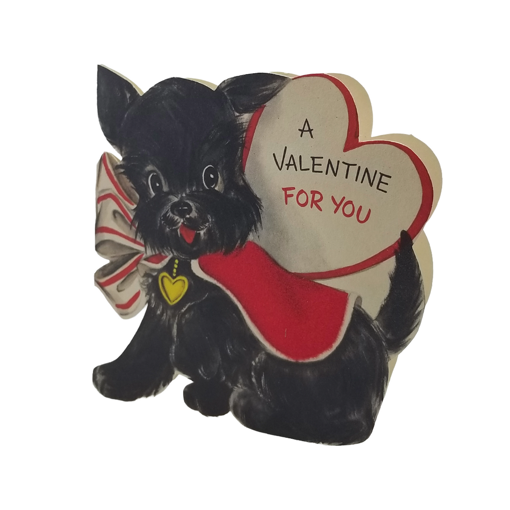 Vintage Die Cut Valentine Hallmark Card Scottie Puppy Dog w/ Heart