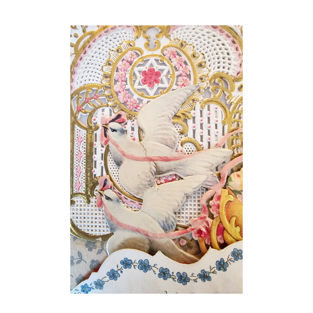 Vintage German Die Cut 3D Honeycomb Valentine's Card Doves Pulling Cupid in Sleigh