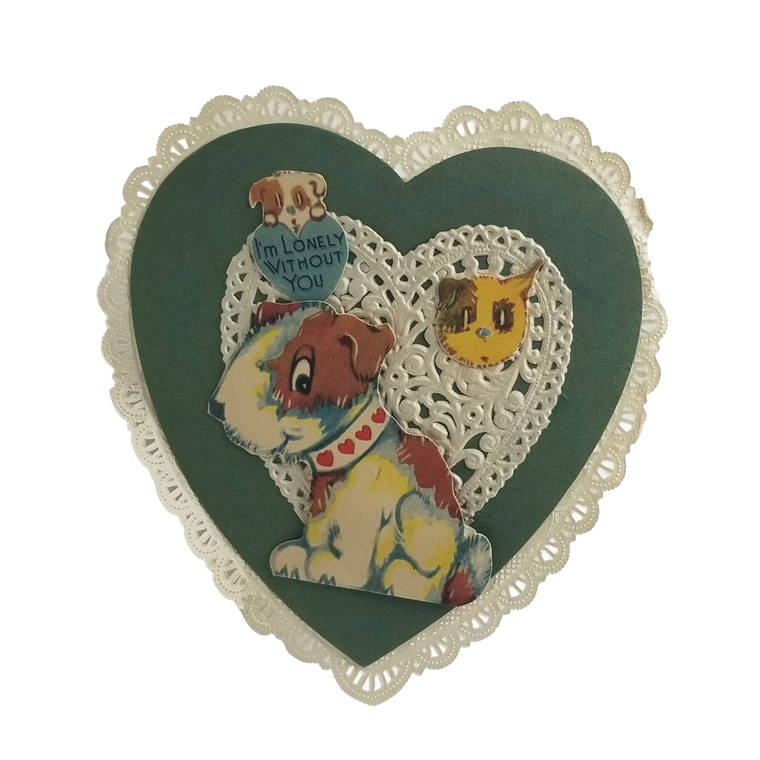 Vintage Valentine Die Cut Paper Doily Handmade Card Puppy Dog & Kitty Cat