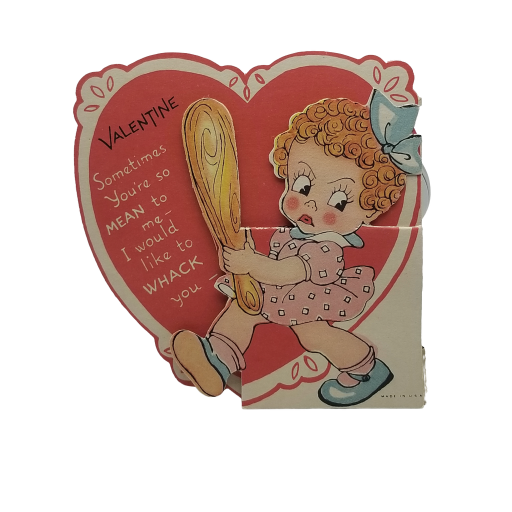 Die Cut Valentine Card Little Girl w/ Bat Giant Heart