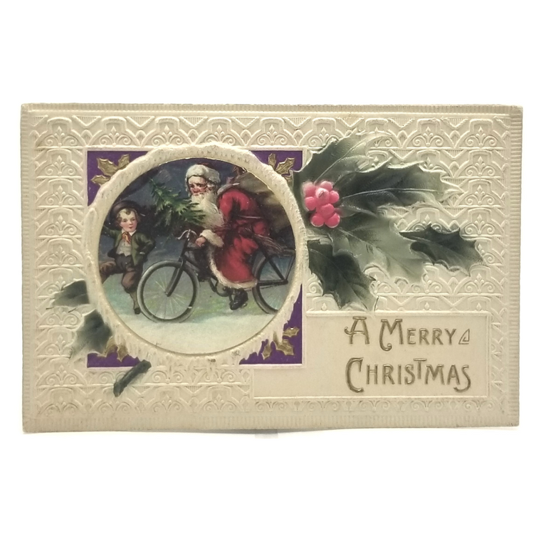 Antique Christmas Postcard, Santa Claus Riding Bicycle in Snow