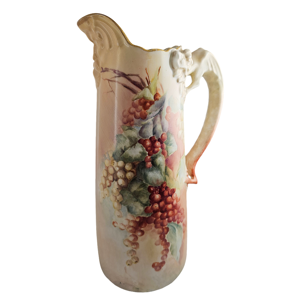 Limoges Porcelain Dragon Handle Man of North Jean Pouyat Red Currants Tankard Pitcher
