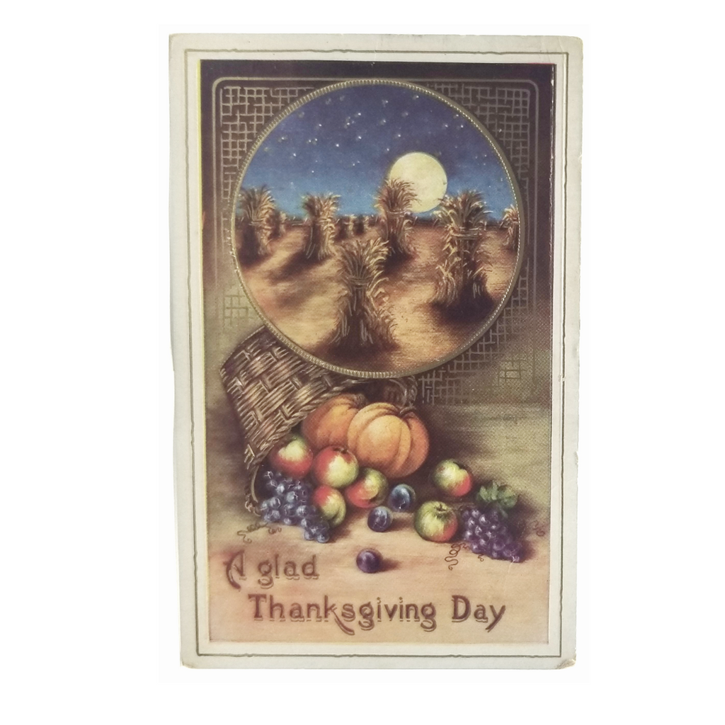 Thanksgiving Postcard Cornucopia with Haystacks Under Moon