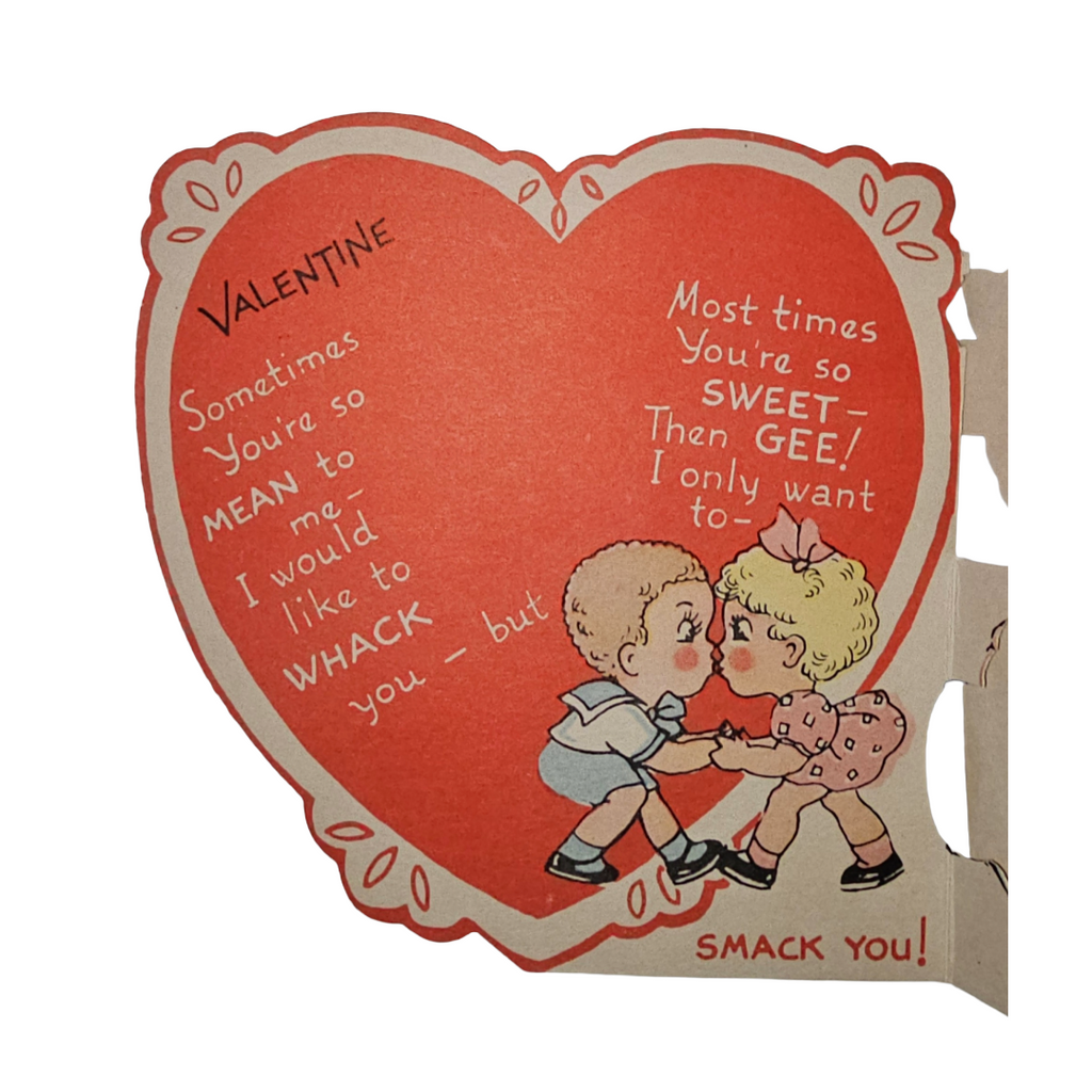 Die Cut Valentine Card Little Girl w/ Bat Giant Heart