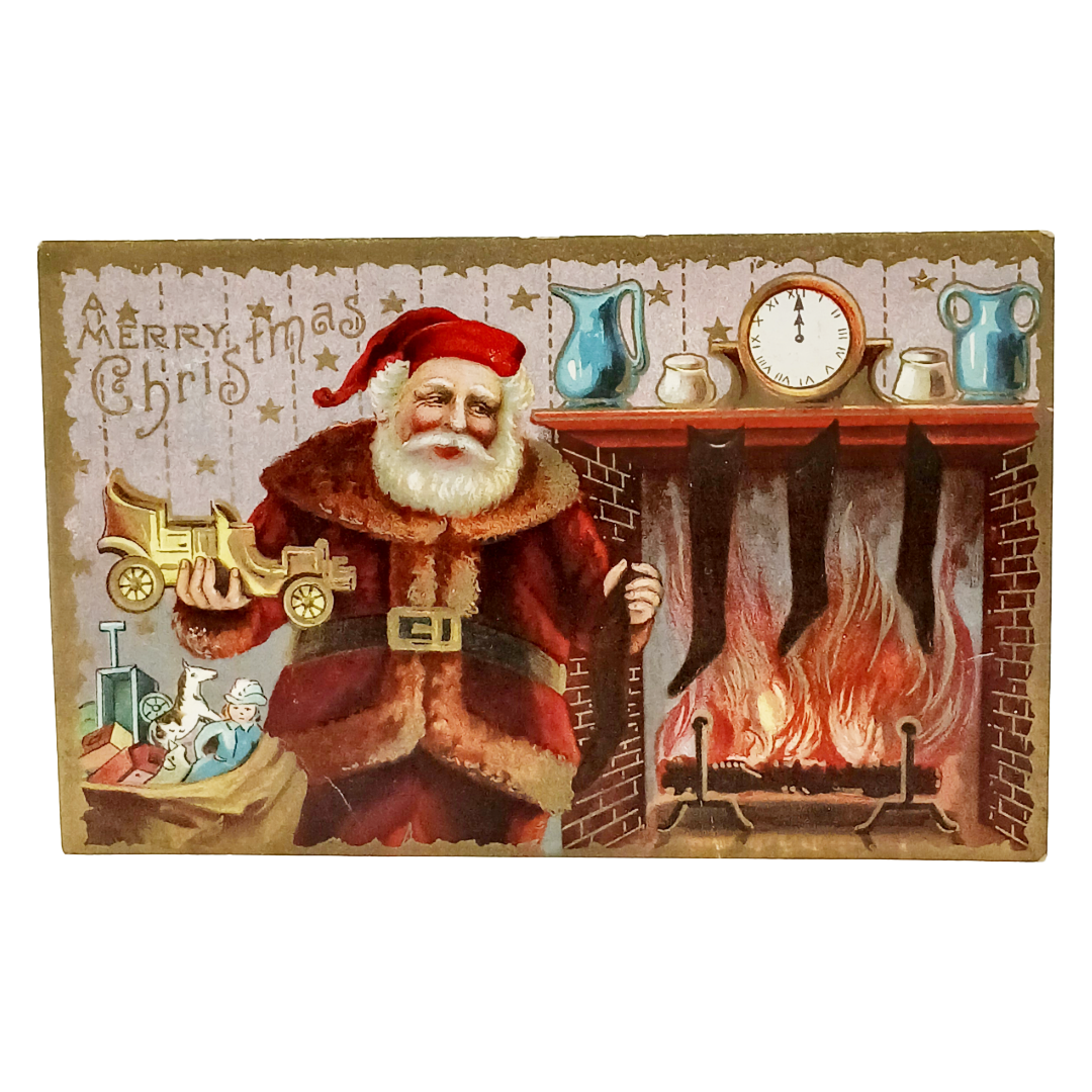 Christmas Postcard Santa Claus Holding Toy Car Fire Mantle with Gold Highlights