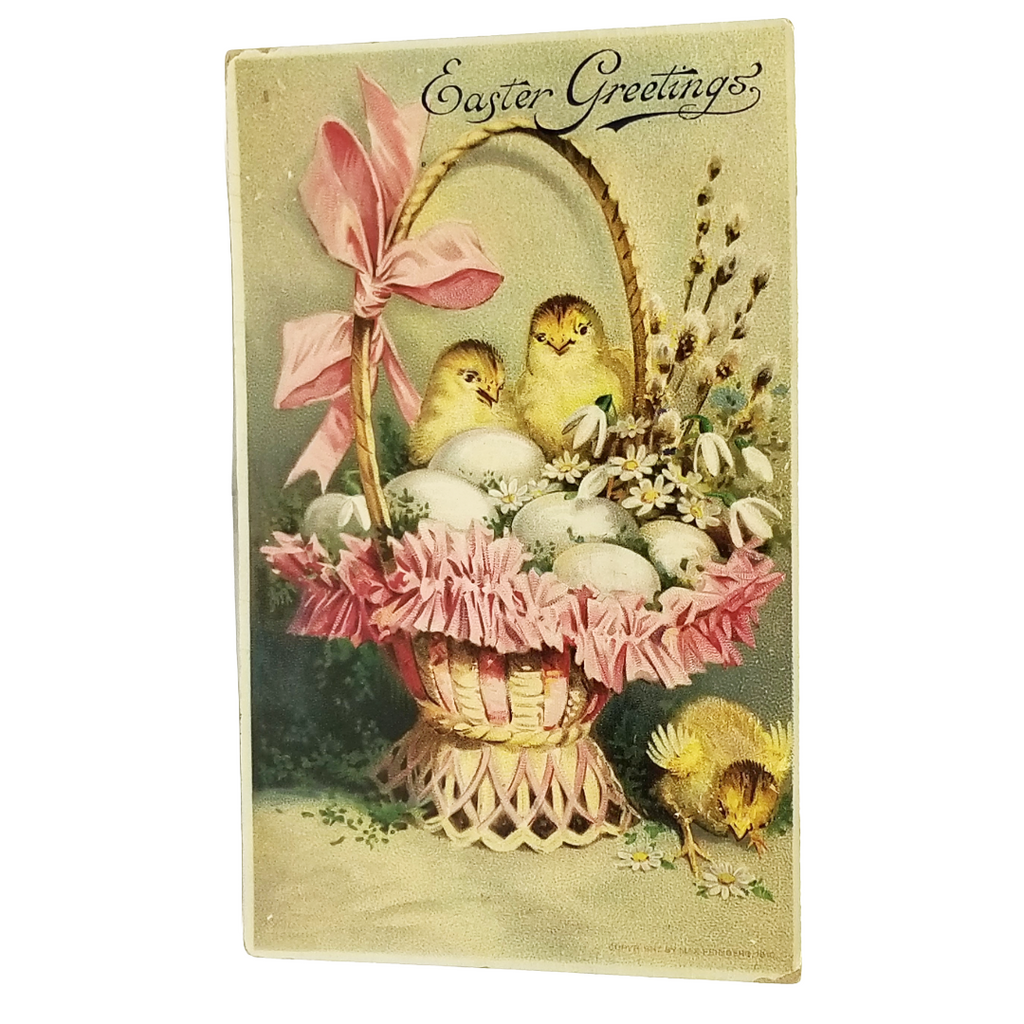 Easter Postcard Baby Chicks in Basket Pink Ribbons Pussy Willows & Eggs