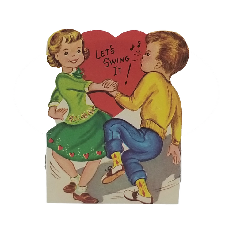 Die Cut Valentine Card Boy & Girl Dancing Let's Swing It 1950s