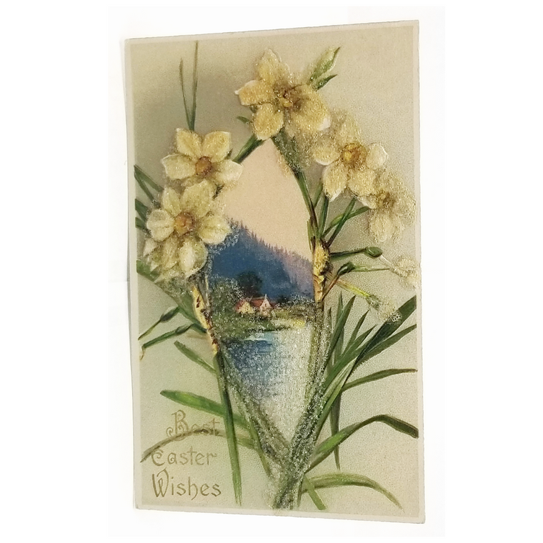 Easter Postcard John Winsch Yellow Flowers Surrounding House on Water Landscape