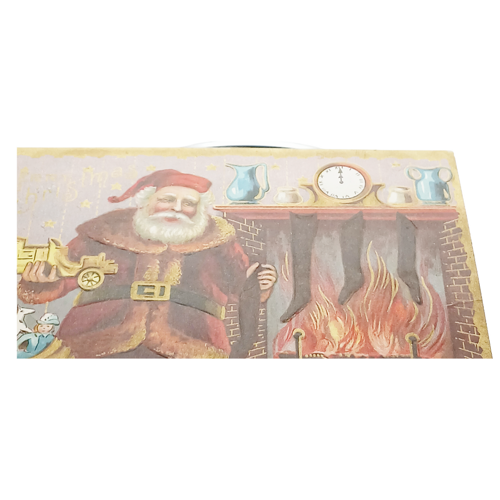 Christmas Postcard Santa Claus Holding Toy Car Fire Mantle with Gold Highlights