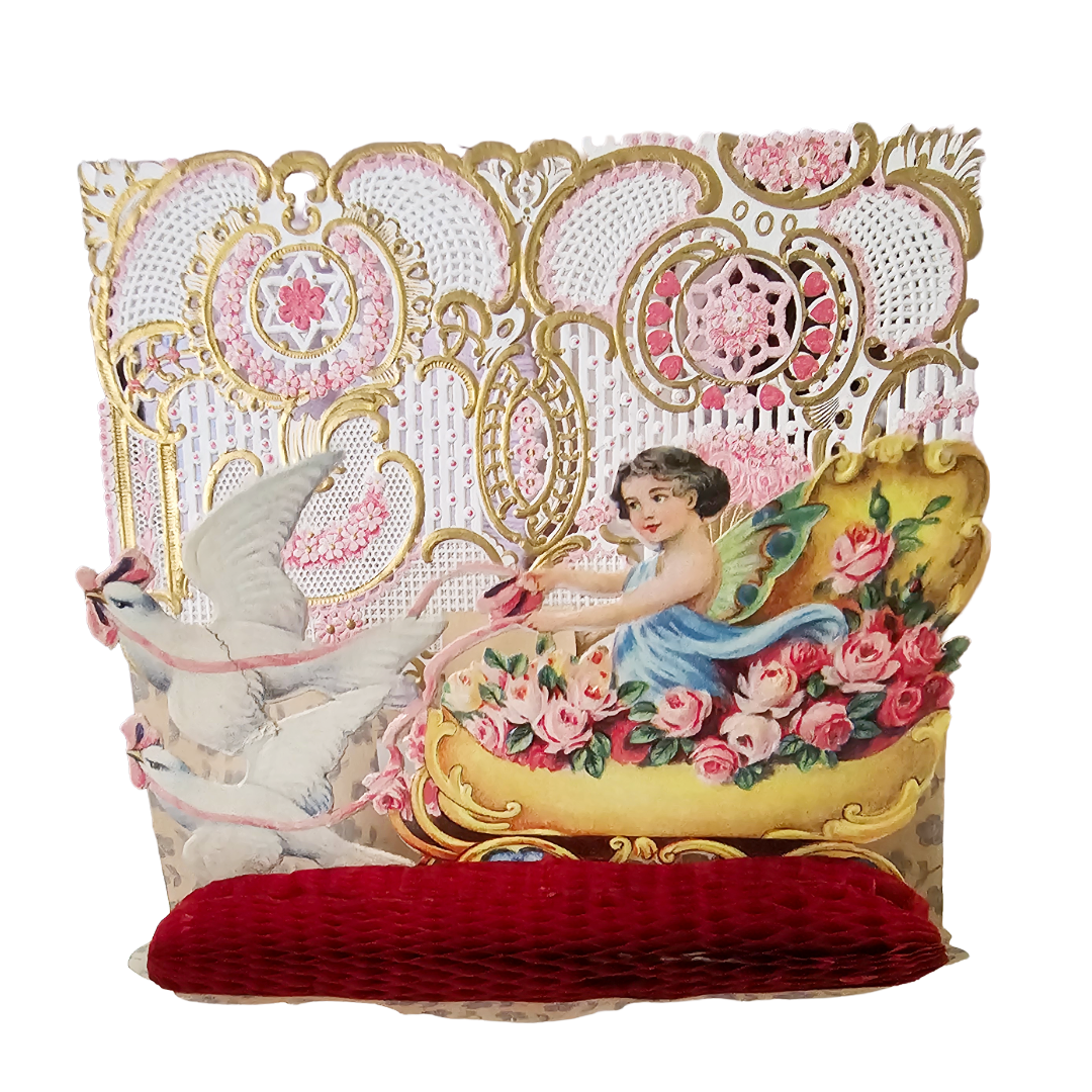 Vintage German Die Cut 3D Honeycomb Valentine's Card Doves Pulling Cupid in Sleigh