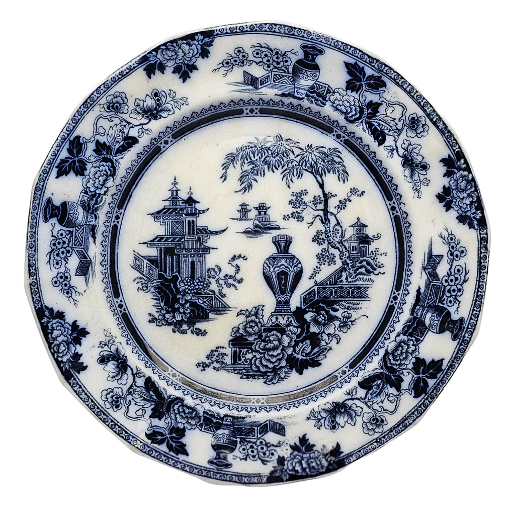 Antique English Flow Blue Ironstone Plate: W Adams & Sons Transferware, Oriental Chinoiserie Jeddo