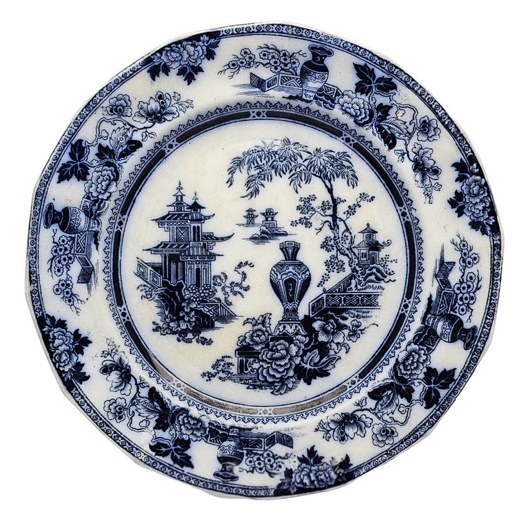 Antique English Flow Blue Ironstone Plate: W Adams & Sons Transferware, Oriental Chinoiserie Jeddo