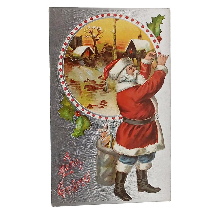 Christmas Postcard Silver Embossed Santa Claus with Goodies