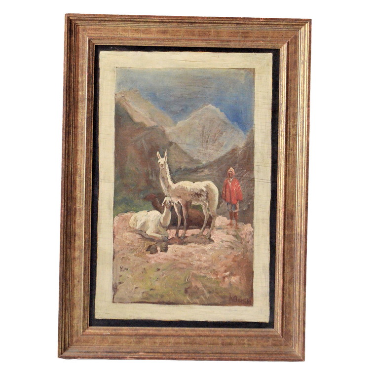 Artist Bush (AMERICAN, 1834 - 1894) Signed NBUSH Oil Peruvian Man Andes Landscape