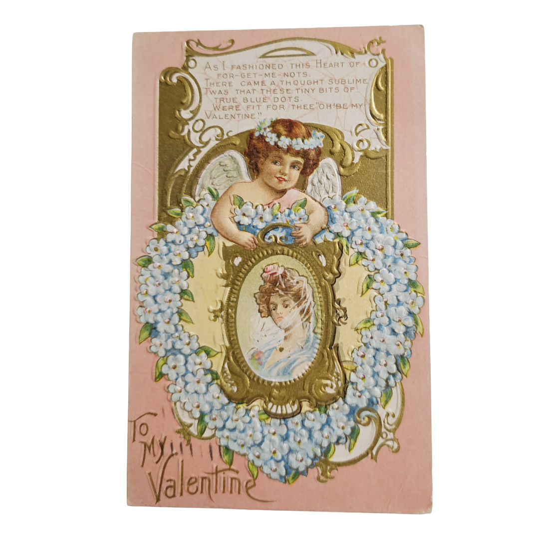 Valentine Postcard Cupid Art Nouveau Woman Gold Background Series 1