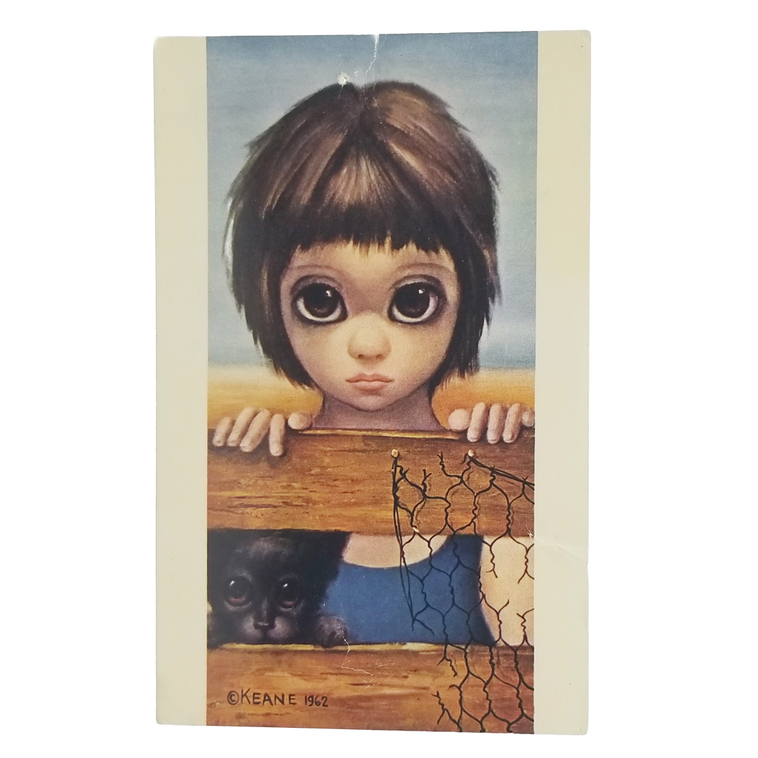 Margaret Keane Postcard Big Eyes "Watching" Child with Black Scotty Puppy Dog 1960s