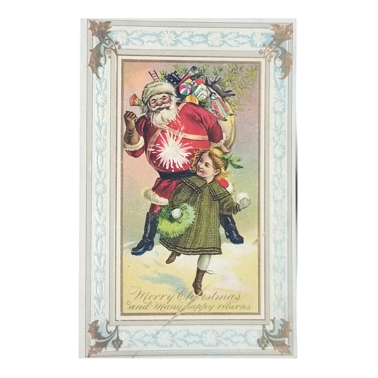 Christmas Postcard Santa Chasing Girl Throwing Snowballs Series 567 JJ Marks