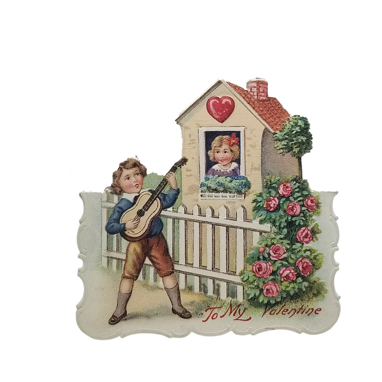 Vintage German Valentine Die Cut Card Pop Out Girl in Window Boy Serenading