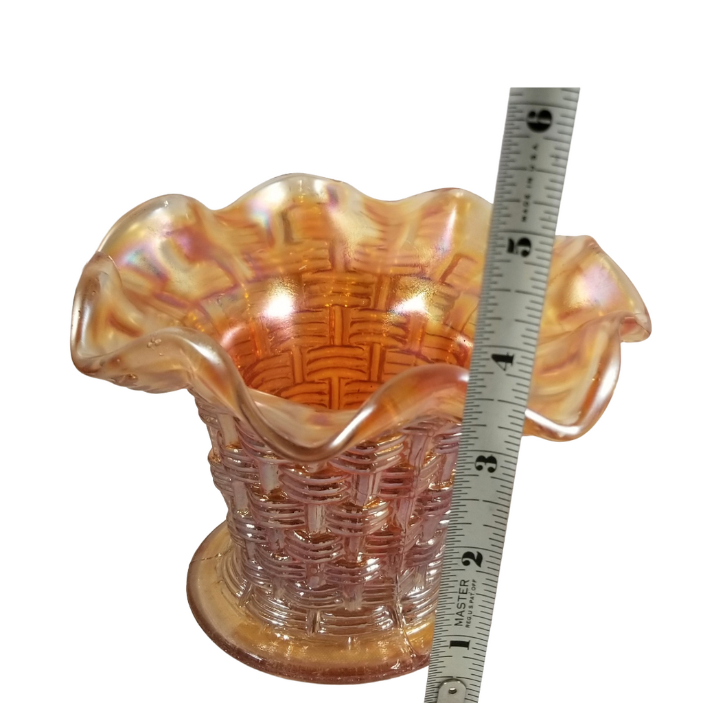 Antique Dugan Persian Garden Big Basketweave Marigold Carnival Glass Squat Vase Fruit Bowl Base