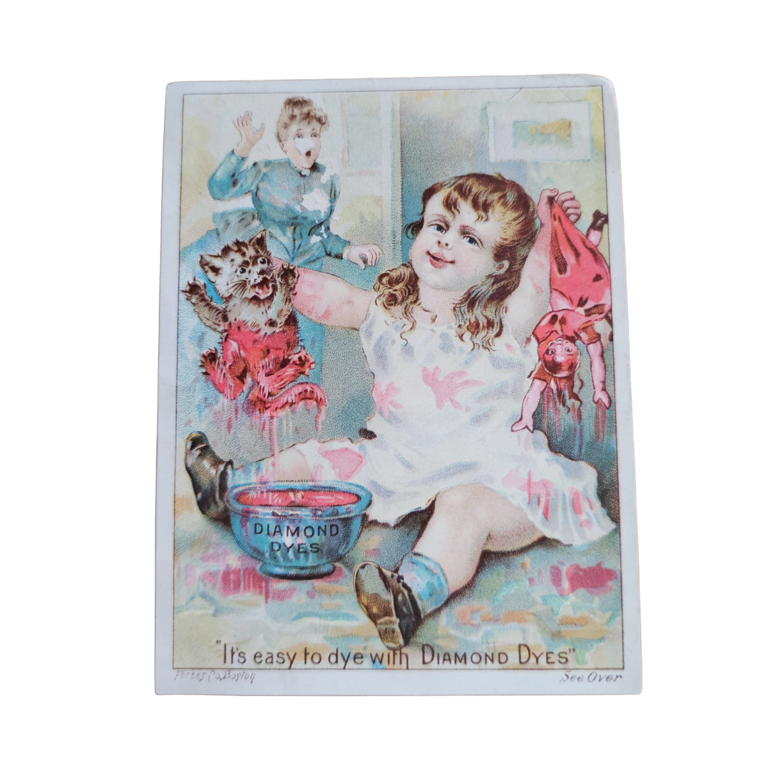 Advertising Trade Card Diamond Dyes Comical Girl Colors Cat & Doll