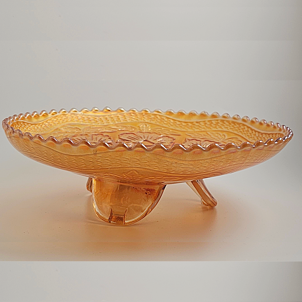 Fenton Marigold Carnival Glass Footed Bowl: Dogwood & Marsh Lily Pattern
