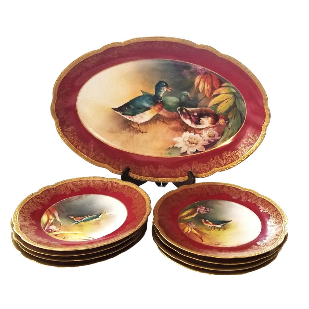 Antique Limoges 9 Piece Game Bird Service, Oval Platter with 8 Plates, Signed