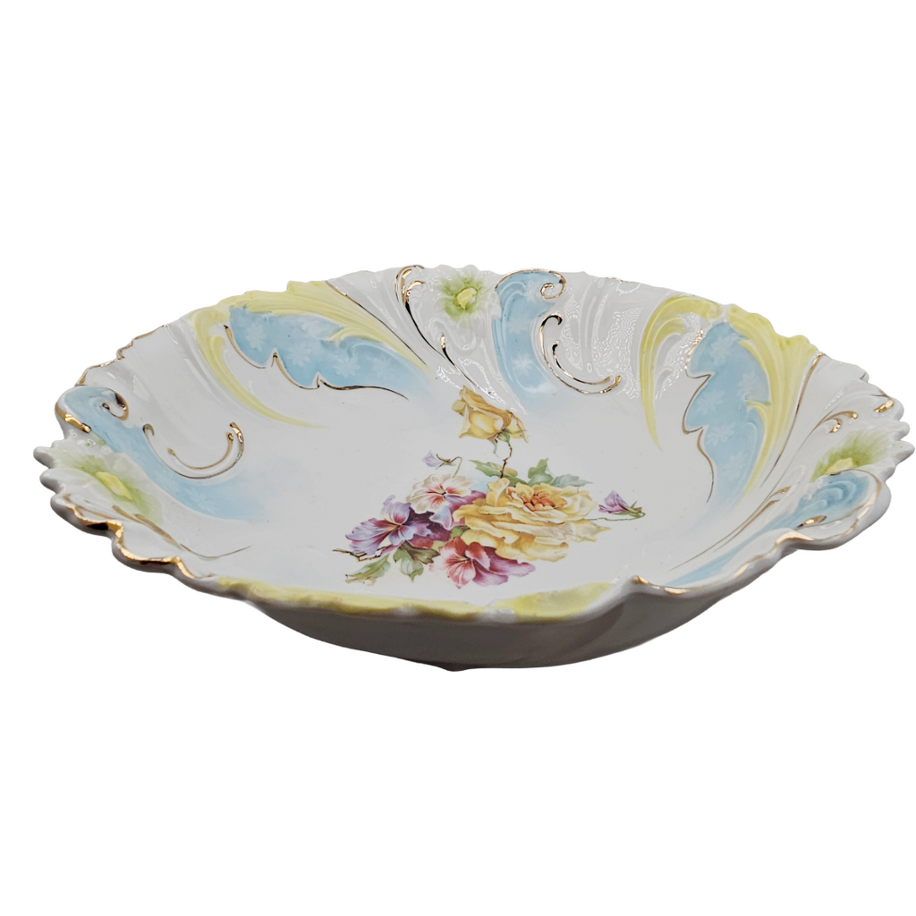 RS PRUSSIA BOWL Stylized Daisy Floral Swirl Rim Mold 40 Yellow Roses & Flowers
